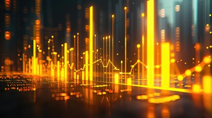 Abstract data visualization with glowing orange bar graphs and lines representing financial statistics and market trends in futuristic style.