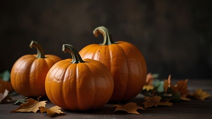 Three orange pumpkins aligned horizontally on a wooden surface with scattered autumn leaves, evoking a seasonal, autumnal atmosphere 
