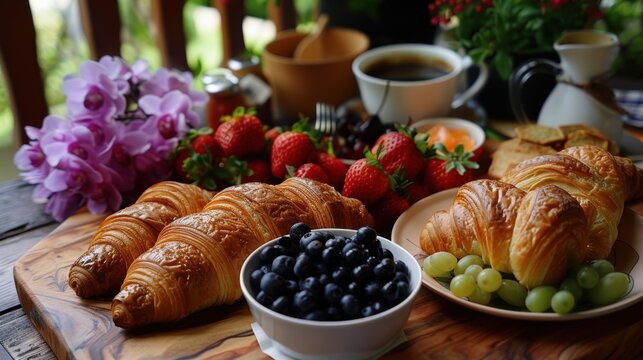 A croissant and coffee breakfast platter at home