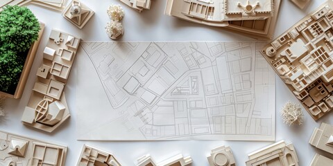 A drawing of a city with buildings and a tree