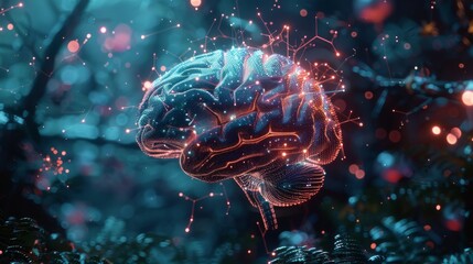 Fototapeta premium Intricate visualization of illuminated neural networks within the human brain, showcasing the complexity of human cognition and intelligence in a futuristic setting