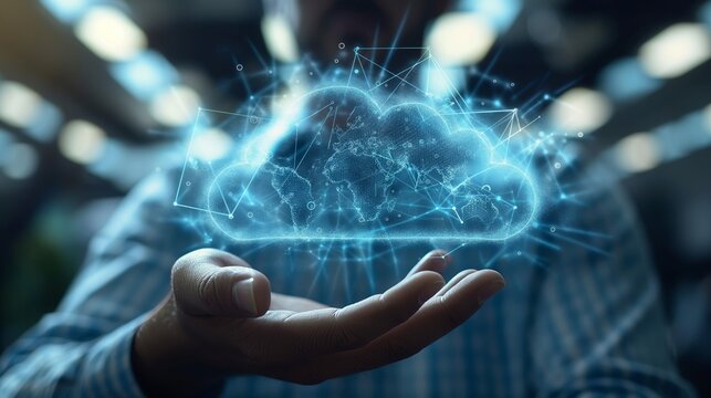 Businessman hand is holding tablet with a neon clou