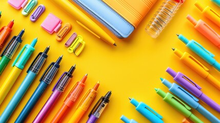 A colorful assortment of pens and pencils are laid out on a yellow background