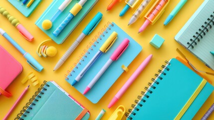 A colorful assortment of pens and notebooks on a yellow background
