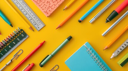 A collection of school supplies including pens, pencils, and rulers