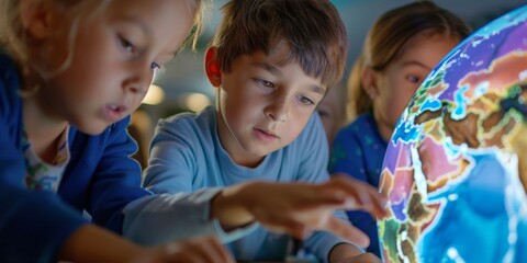 Children engaging in an interactive geography lesson using a digital globe, showcasing the integration of technology in education