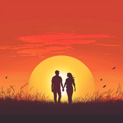 Fototapeta premium 1. Couple holding hands, sunset background, flat design illustration