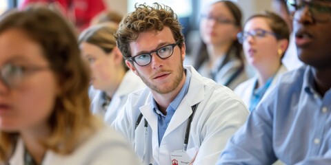 A group of medical students engaged in a discussion during a classroom lecture, emphasizing the importance of education in healthcare