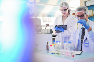 Fototapeta premium scientists perform experiments and record data. people arranges equipment with test tubes and chemicals for producing medicine and biochemistry. man hold tubes of chemical liquids and plant samples.