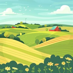 Obraz premium 8. Countryside fields, rolling hills and farm, flat design illustration