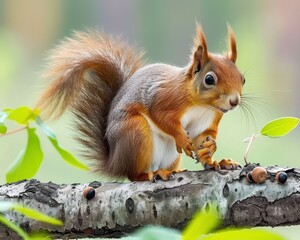 Obraz premium Charming Red Squirrel Holding Nut on Forest Branch Surrounded by Nature's Greenery in a Lush Woodland Setting