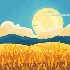 Obraz premium 34. Wheat field, golden crops and blue sky, flat design illustration
