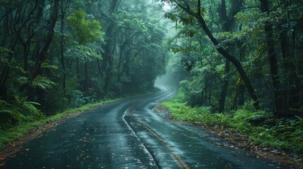 Naklejka premium A road with trees on both sides and a lot of rain