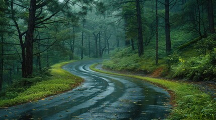 Naklejka premium A road with a curve and trees in the background
