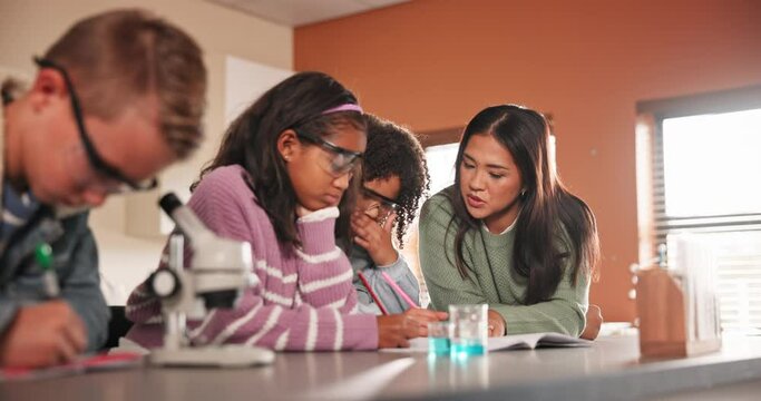 Teacher, notes and student for science experiment, writing and classroom for chemistry education. Scientist, academic or lesson in school with students, young people or research in laboratory project