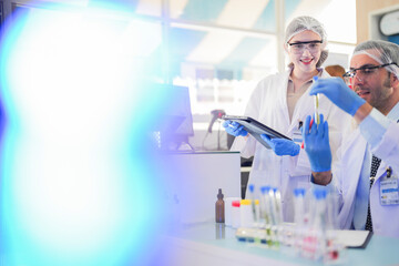 scientists perform experiments and record data. people arranges equipment with test tubes and chemicals for producing medicine and biochemistry. man hold tubes of chemical liquids and plant samples.