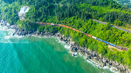Aerial view of train and railway on Hai Van pass, Bach Ma mountain, Hue, Vietnam © huythoai