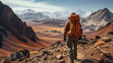 a man walks up a mountain with a pair of skis.