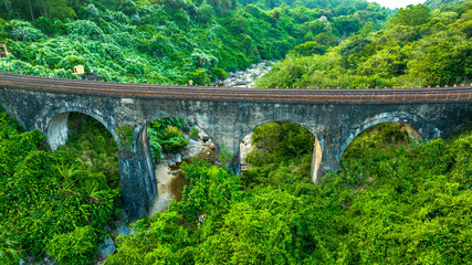 Fototapeta premium Aerial view of train and railway on Hai Van pass, Bach Ma mountain, Hue, Vietnam