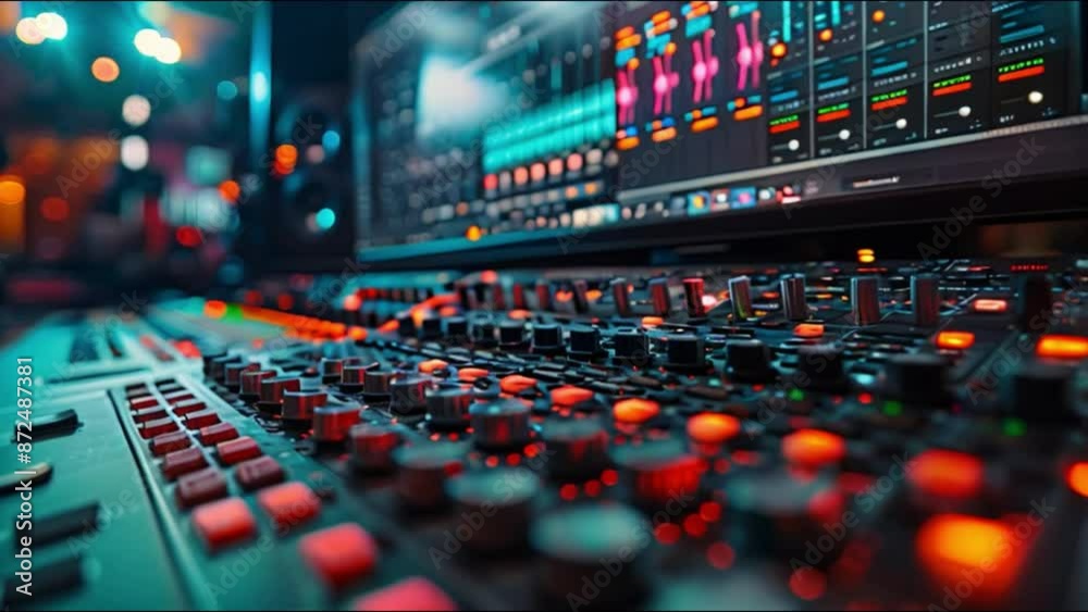 Poster this close-up view of an audio mixing board in a professional studio.