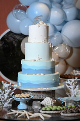 party room, birthday cake,table decoration, reception table, cake and sweet table, theme party, birthday party, cake with sea shells, maritime theme, 15th birthday party, 
a lot of balloons 