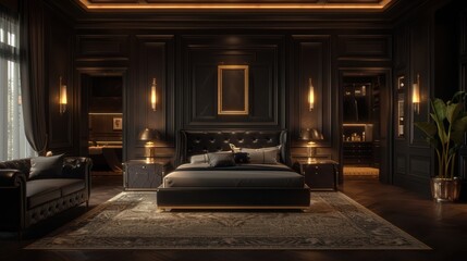 A large bedroom with a black bed, a couch, and a potted plant