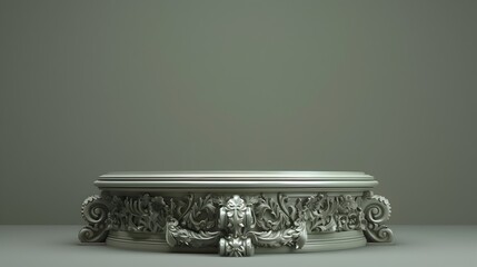 Spotlight Awaiting: A Luminous Silver Ornate Podium on a Bright Olive Background in Professional