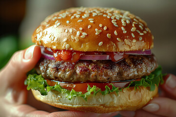 Close-Up of a Juicy Gourmet Cheeseburger with Fresh Toppings