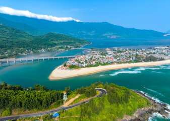 Aerial view of Lang Co bay and beach, Hai Van pass, Lap An lagoon, Hue, Vietnam. Travel and landscape concpet.