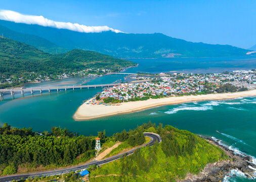 Aerial view of Lang Co bay and beach, Hai Van pass, Lap An lagoon, Hue, Vietnam. Travel and landscape concpet.