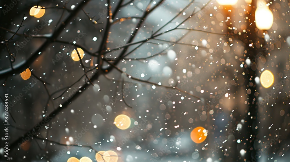 Wall mural Snowy Night with Bokeh Lights