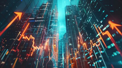 Obraz premium Abstract financial graph with rising arrow hologram, skyscrapers in background