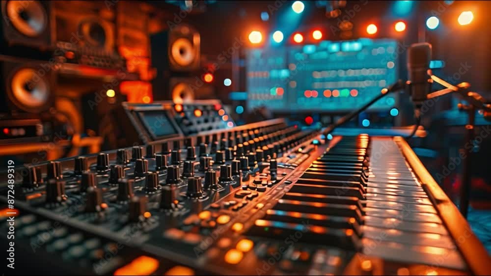 Poster This close up view of a mixing board and keyboard in a recording studio.