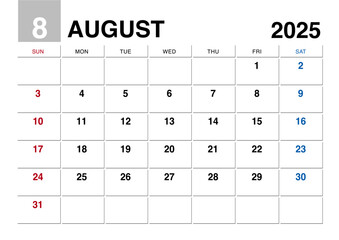 2025年8月のカレンダー日曜始まり日本の祝日表記無し