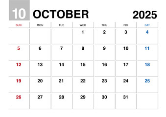 2025年10月のカレンダー日曜始まり日本の祝日表記無し