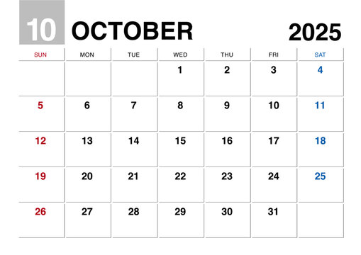 2025年10月のカレンダー日曜始まり日本の祝日表記無し