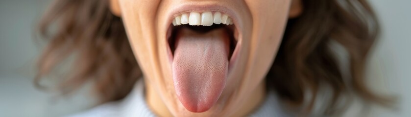 Obraz premium Close-up of a person sticking out their tongue, capturing a fun and playful moment with focus on the mouth and tongue.