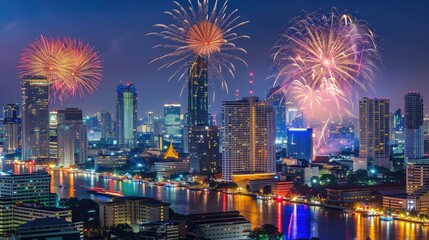Obraz premium Bangkok skyline under a vibrant fireworks display at night