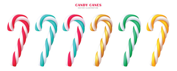 Christmas candy cane elements vector set design. Candy cane lollipop stick in colorful twisted, twirl and stripes element collection isolated in white background. Vector illustration 3d realistic 