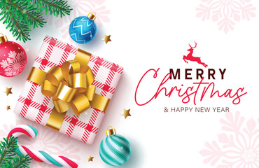 Christmas greetings vector card design. Merry christmas greetings in checkered gift box, colorful balls, candy cane, fir tree branches ang gold stars elements in winter snowflakes background. Vector 