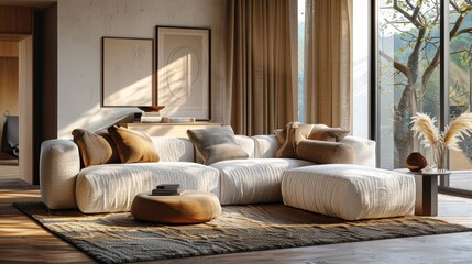 A living room with a white couch and a brown ottoman