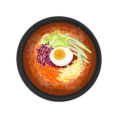 Vector illustration logo Clip art top View korean cold spicy Chewy Noodles jjolmyeon 