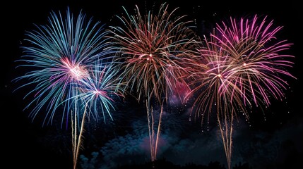 Black sky with colorful fireworks, festive explosions