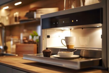 Modern Kitchen Appliance Brewing Coffee and Baking a Muffin