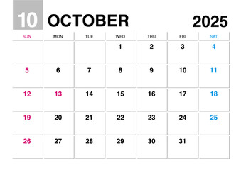 2025年10月のカレンダー日曜始まり
