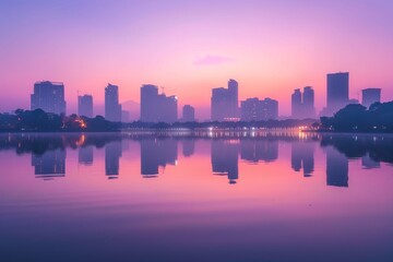 Fototapeta premium Cityscape Reflection in a Pink Sky