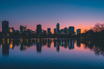 Fototapeta premium Austin Skyline Reflected in the Calm Waters at Dusk