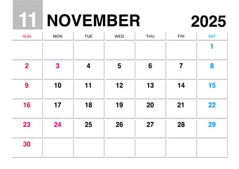 2025年11月のカレンダー日曜始まり