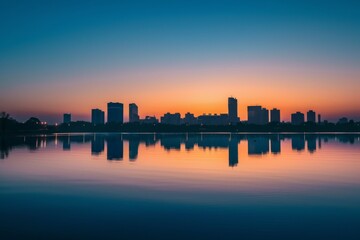 Fototapeta premium Silhouetted City Skyline Reflected in Calm Water at Sunset