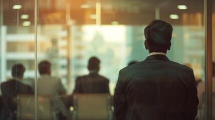 Business Presentation in Progress: executive Delivering Powerful Business Speech to Crowded Suited Audience in Office Setting
